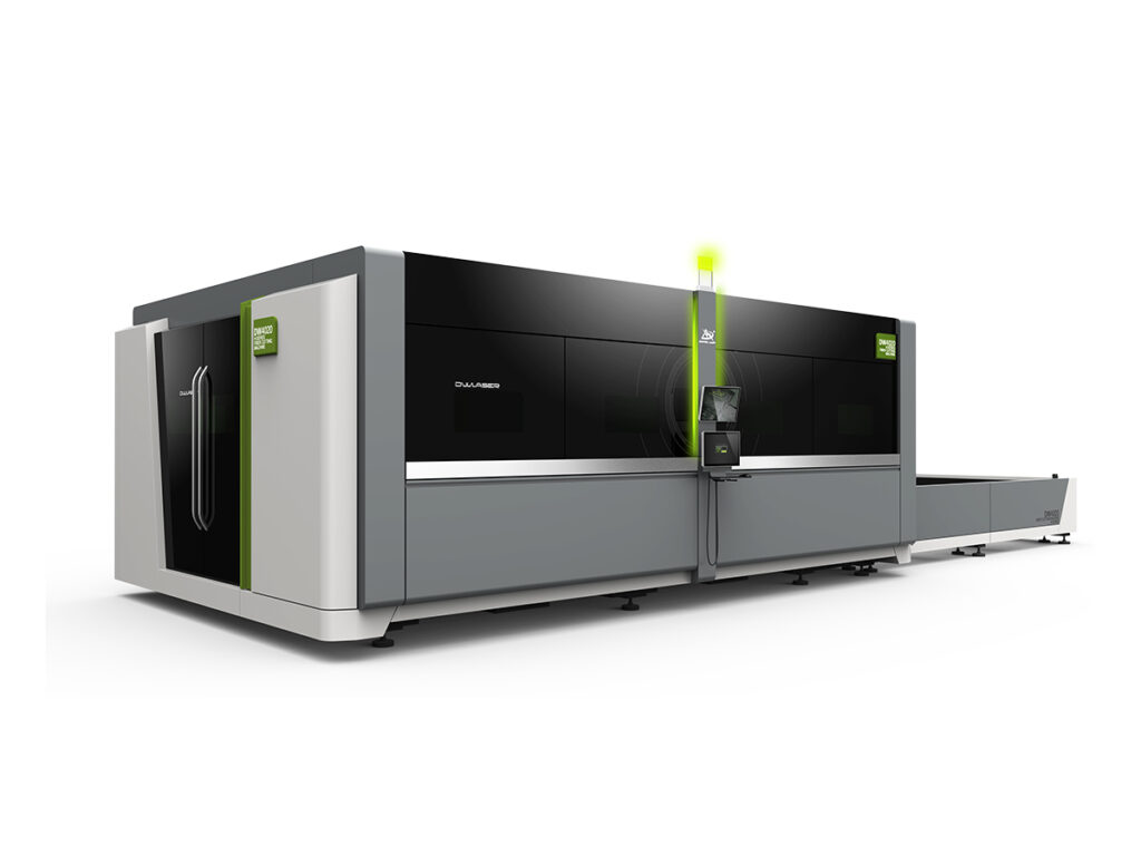An industrial fully enclosed fiber laser cutting machine with a dual exchange table, designed for high-precision sheet metal processing.