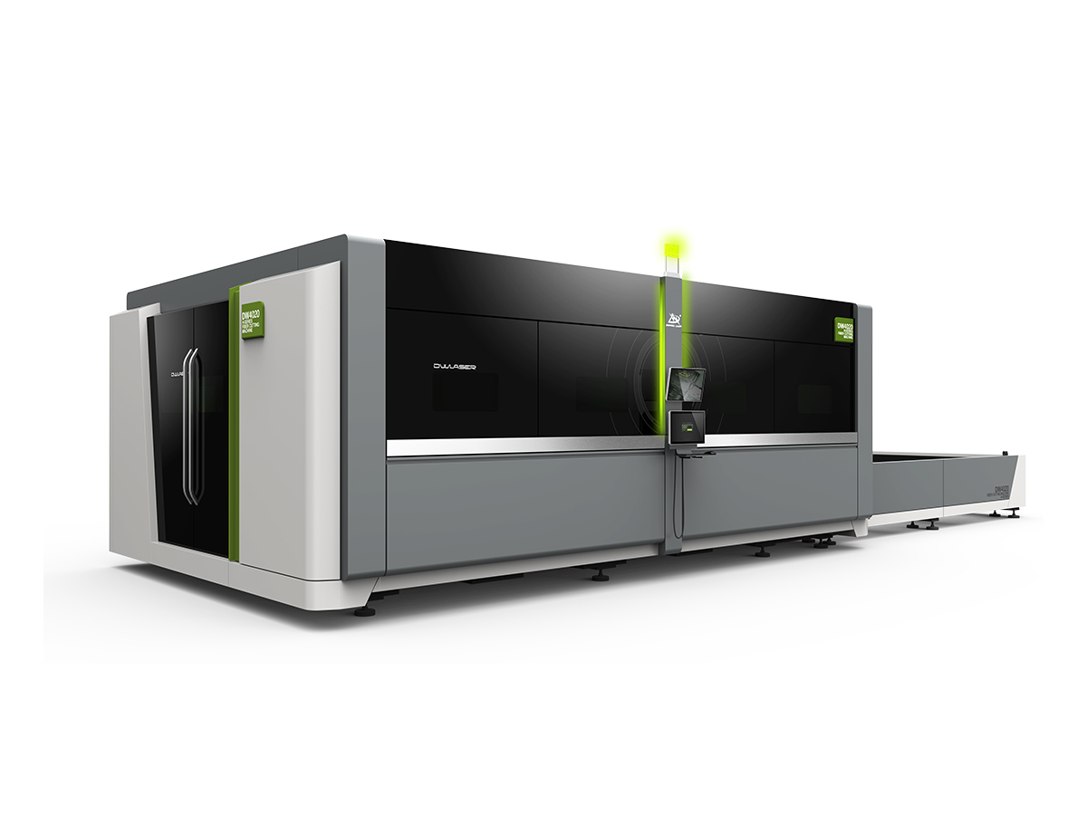 An industrial fully enclosed fiber laser cutting machine with a dual exchange table, designed for high-precision sheet metal processing.